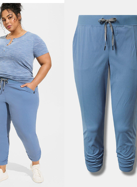 2649户外露营欧美胖MM裤夏季暗蓝色梭织速干九分裤200 300400斤