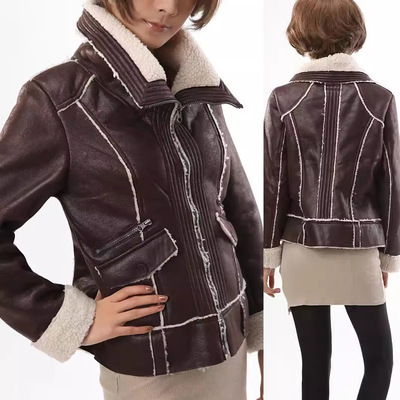 库存处理3367复古复合仿羊羔毛皮草收腰飞行员夹克外套小棉袄