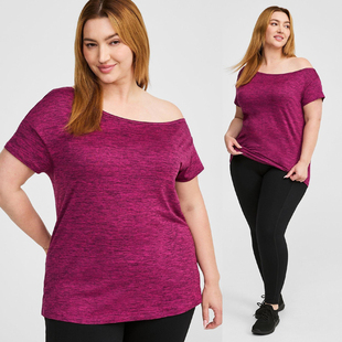 2672欧美胖MM特大码 200300斤 玫红夹花速干斜肩T恤短袖