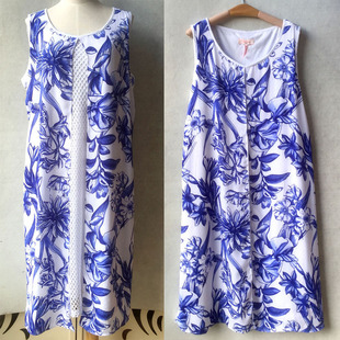 连衣裙 假两件无袖 胖MM 欧美蓝印花双层钩花 微瑕疵清仓9652