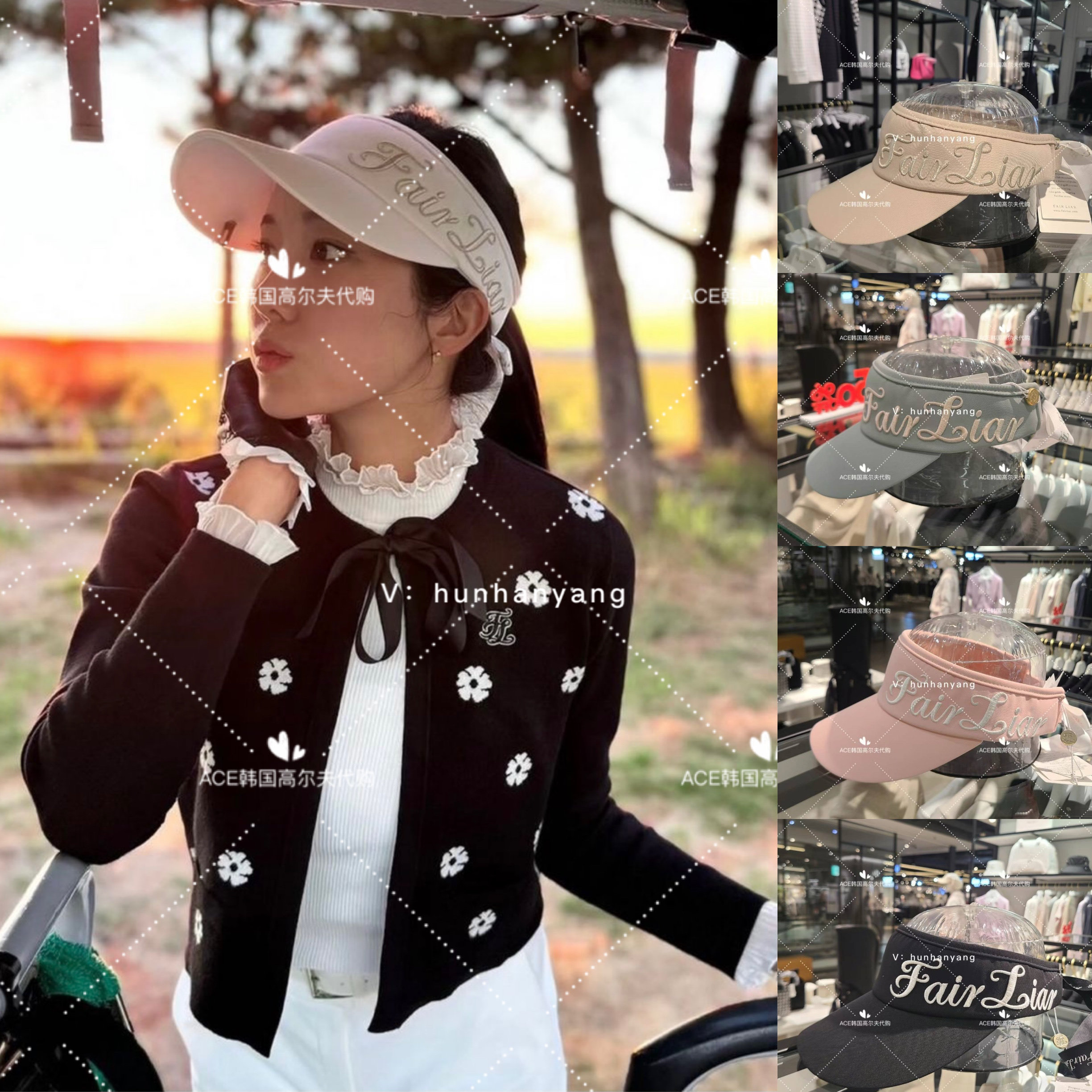 FL女士高尔夫球帽24秋冬百搭纯色休闲时尚运动蝴蝶结无顶防晒帽