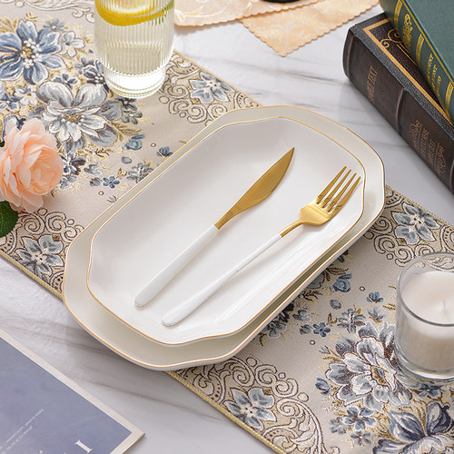 欧式金边陶瓷鱼盘菜盘长方形深盘家用餐厅蒸鱼盘子创意大号鱼碟子