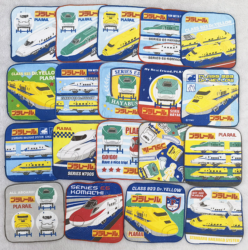 16x16cm日单男孩新干线火车外贸卡通全棉纯棉擦嘴儿童小方巾毛巾