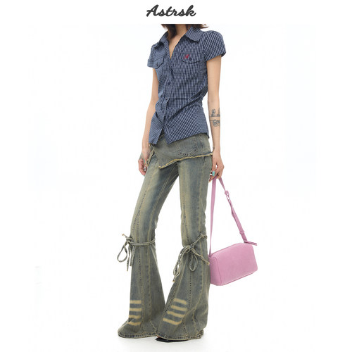 复古做旧水洗可拆屁帘牛仔裤女