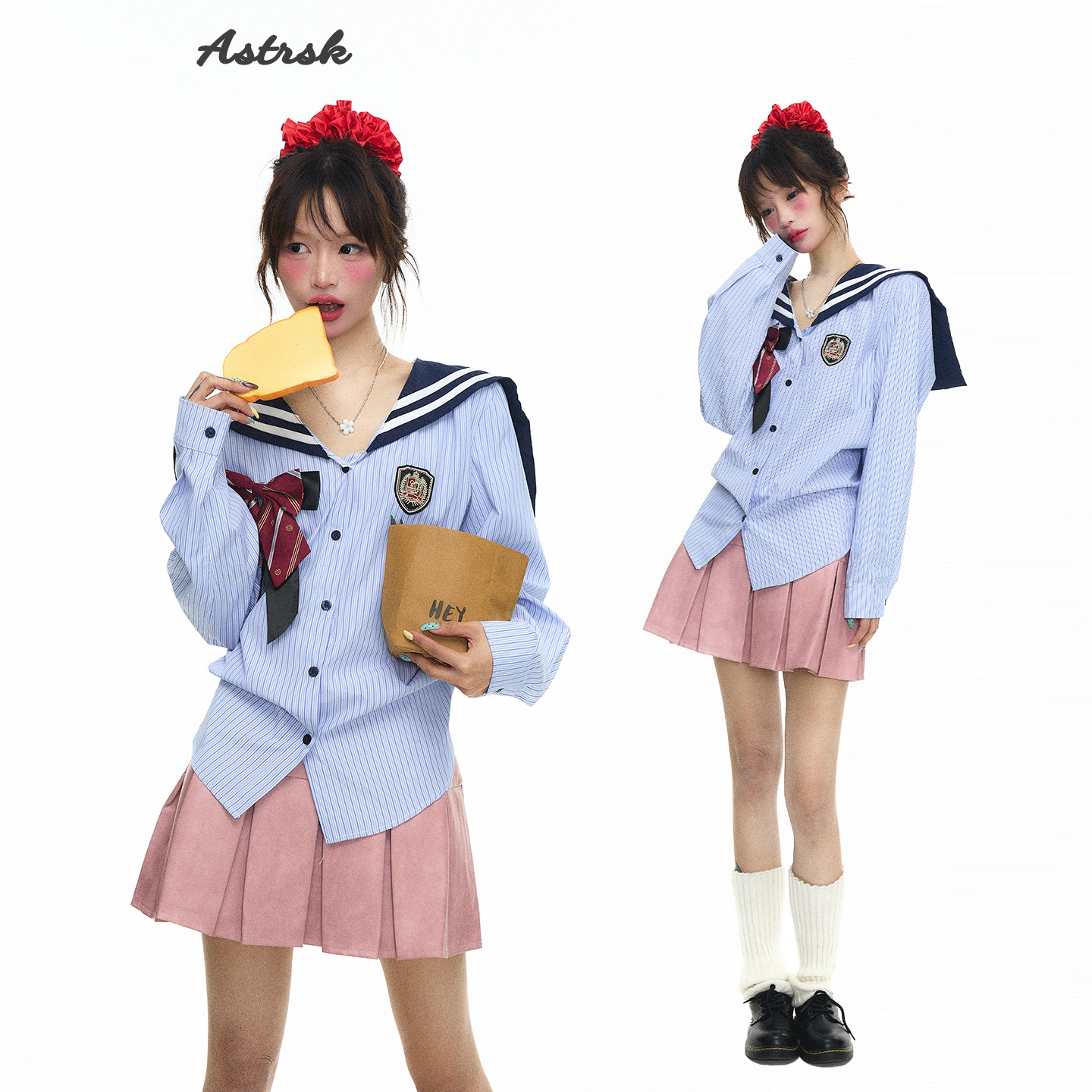 ASTRSK韩系学院风海军领蝴蝶结条纹长袖衬衫女秋季显瘦水手服上衣