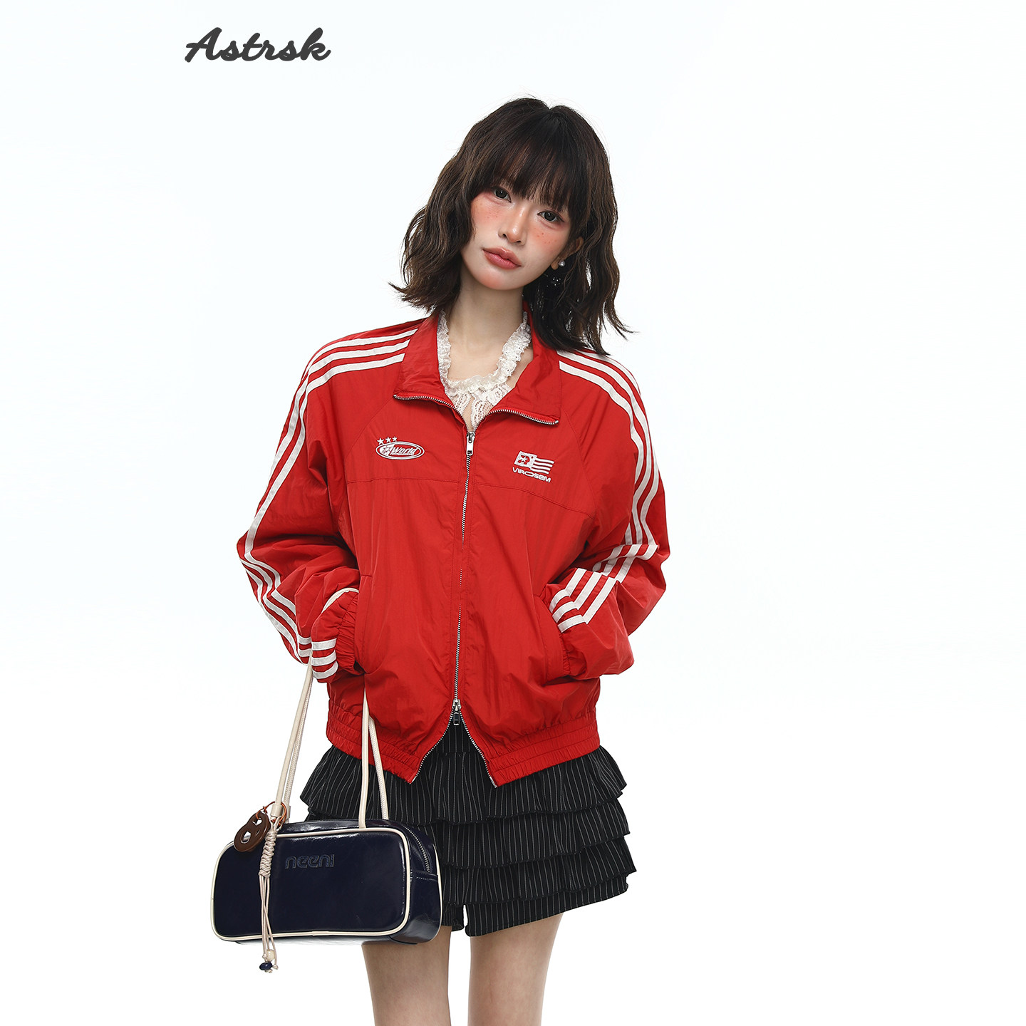 ASTRSK韩系学院风条纹运动夹克女复古休闲短款冲锋衣拉链开衫外套