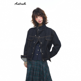 ASTRSK韩国斜领经典 短宽原牛硬挺宽松牛仔夹克外套女复古设计上衣