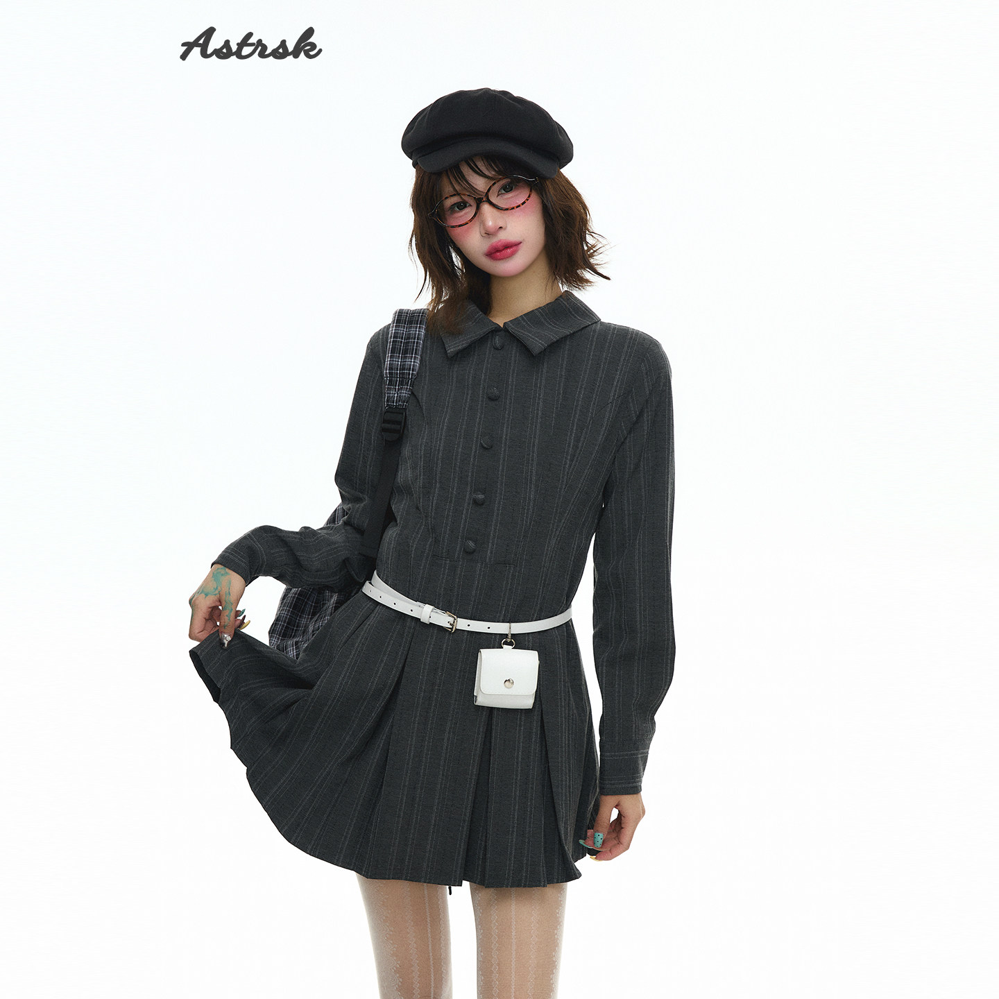 ASTRSK韩系学院风条纹长袖连衣裙女冬季收腰气质显瘦a字百褶短裙,女装/女士精品,连衣裙,淘宝优惠券,粉丝福利购,淘宝优惠卷
