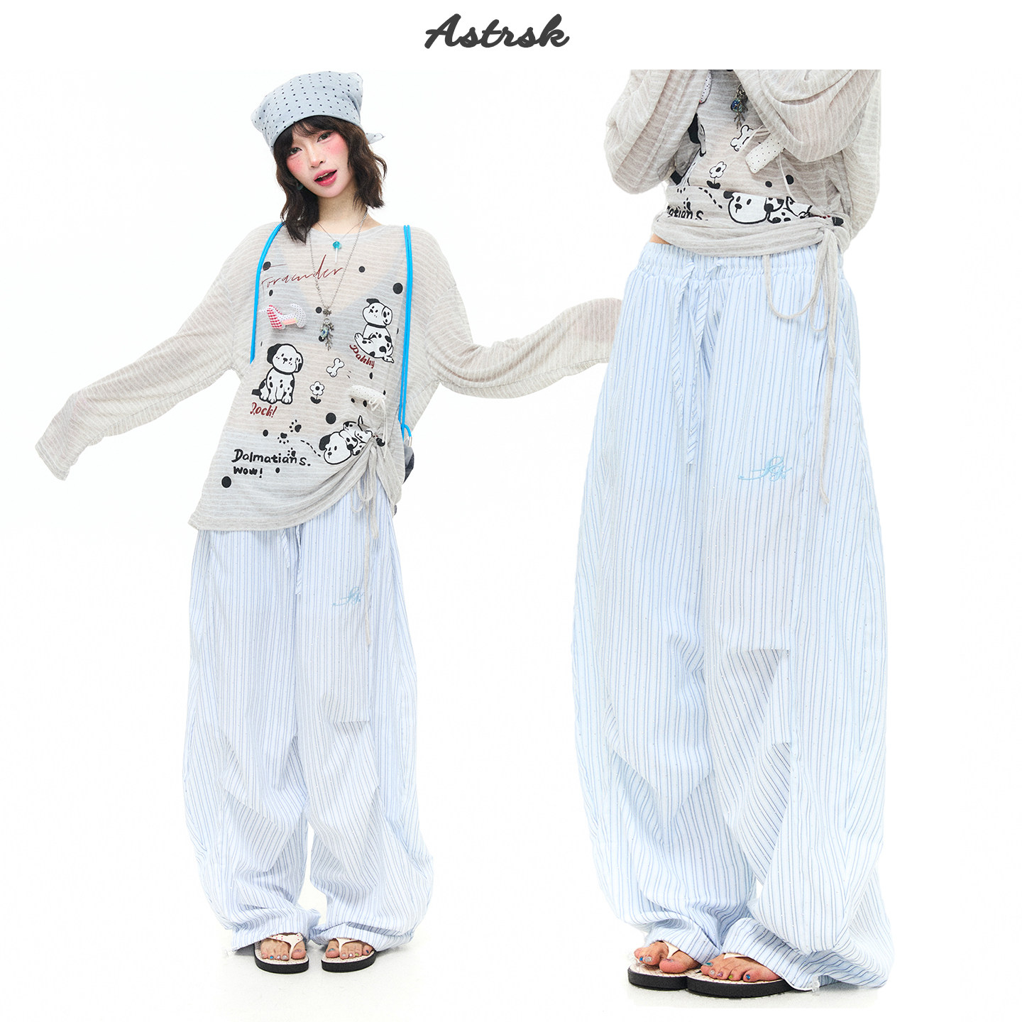 ASTRSK 韩系蓝条纹欧若风休闲弯刀裤女街舞运动薄款春夏阔腿长裤