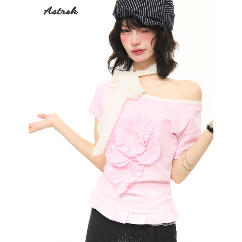 韩系立体花朵下摆花边短袖t恤