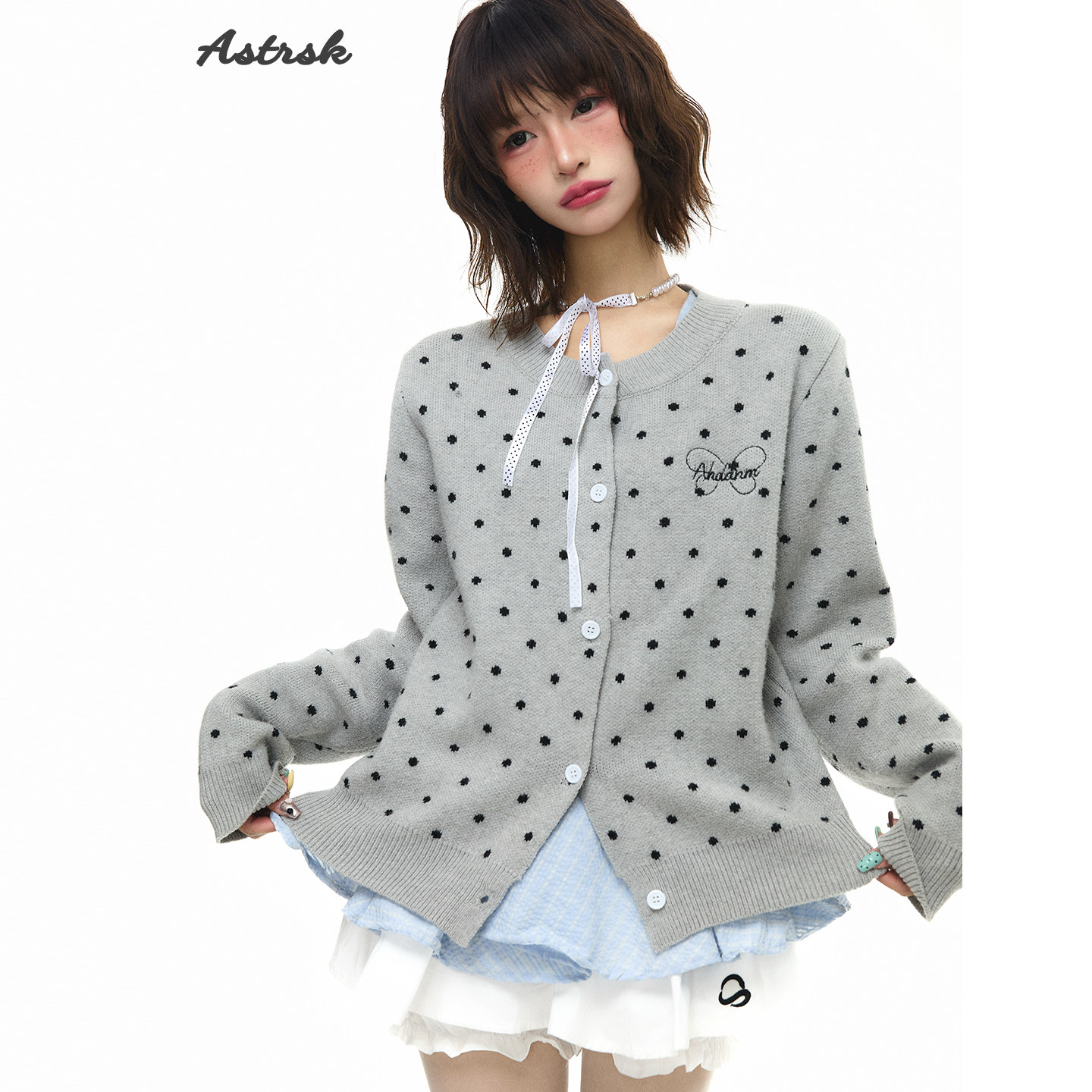 ASTRSK韩系甜美波点圆领毛衣女春秋季少女风百搭针织开衫上衣外套,女装/女士精品,毛衣,淘宝优惠券,粉丝福利购,淘宝优惠卷