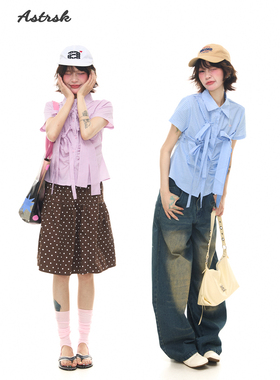 ASTRSK蓝色格子短袖衬衫女夏蝴蝶结褶皱显瘦收腰翻领休闲甜美衬衣
