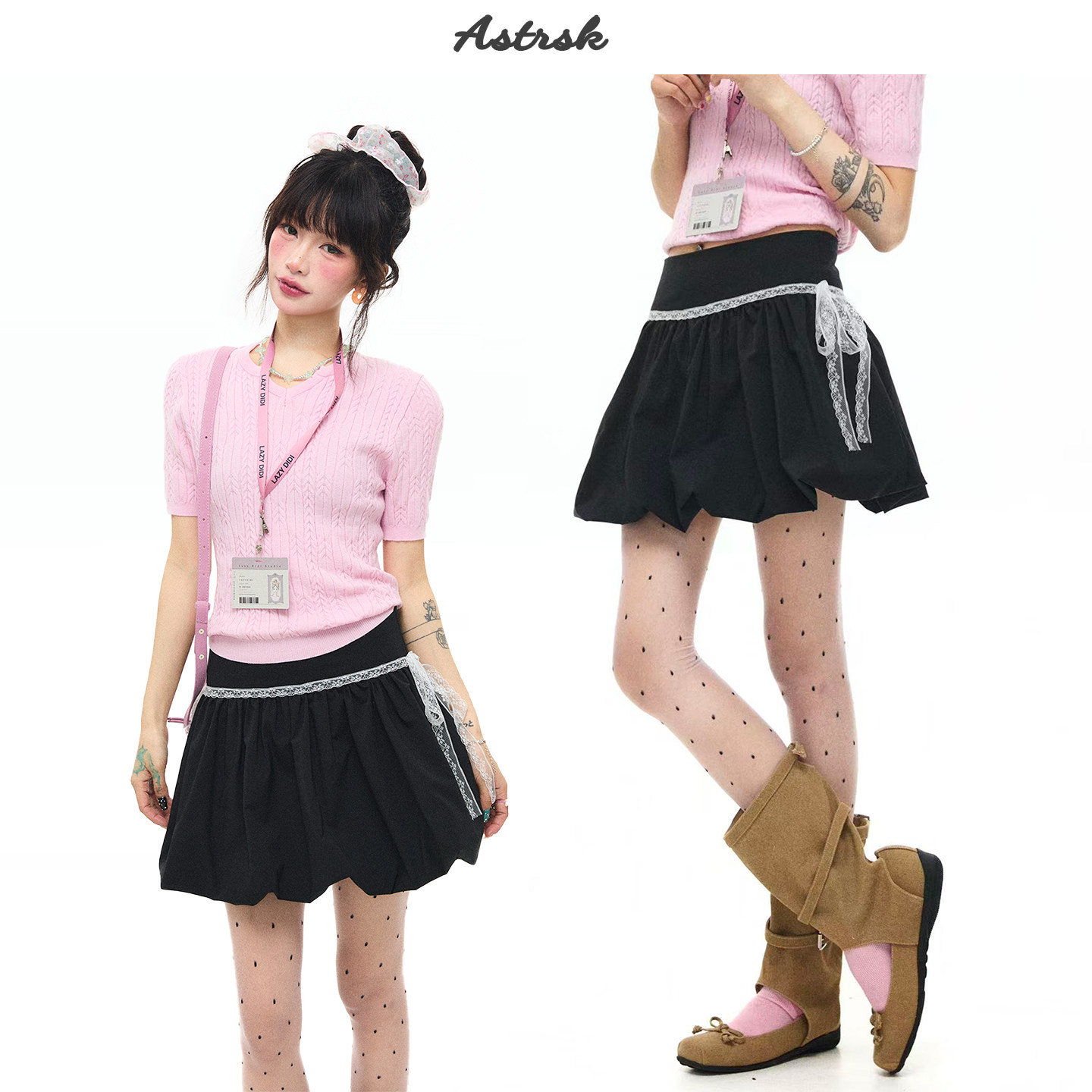 ASTRSK 韩系甜美花边飘带蝴蝶结半身裙女春季高腰显瘦A字花苞短裙