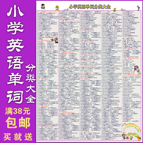 包邮小学英语单词分类大全挂图 英语单词记忆挂图 英语小升初复习