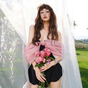 一体连衣裤 性感大蝴蝶拼接一字肩抹胸连体裤 阔腿裤 新款 女2025春季