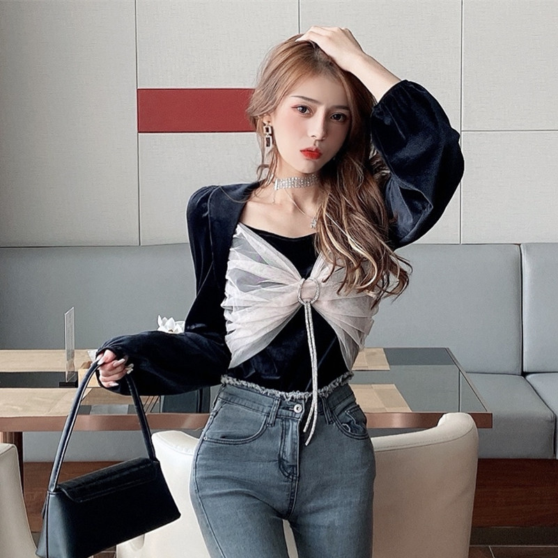 Real price early spring Vintage velvet long sleeve T-shirt slim mesh stitching bow fake two-piece top