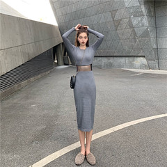 Real price ~ early spring Pullover round neck l rib mesh long sleeve high waist tight bottomed dress