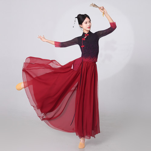 古典舞蹈服中国红渐变旗袍大裙摆