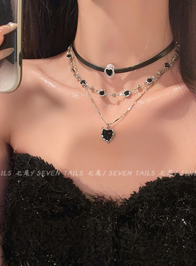 甜酷芭比~黑色皮绳多层叠戴项链女ins小众嘻哈choker颈链百搭配饰