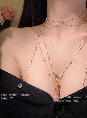 钛钢不掉色~闪钻bikini胸链女身体链性感比基尼立体后背链露背装