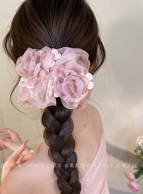 春夏超仙花朵大肠发圈女欧根纱氛围感头花发绳扎马尾头绳甜美发饰