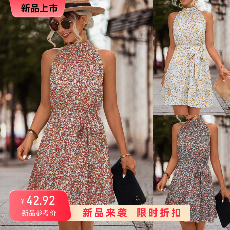 Sexy neck hung waist sleeveless dresses 性感挂脖无袖连衣裙