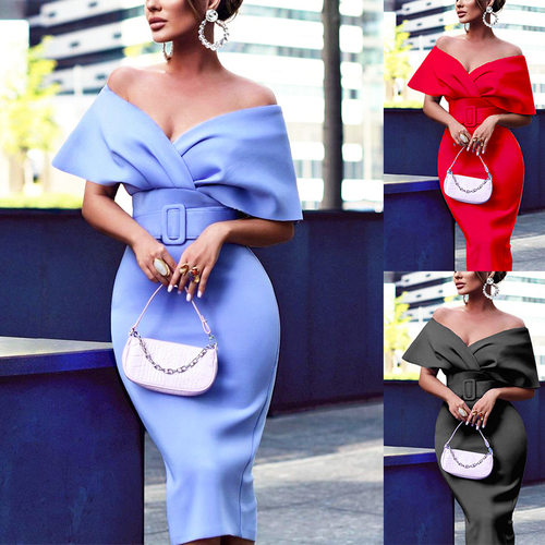 Off shoulder dress women空气层性感一字肩气质收腰显瘦连衣裙春