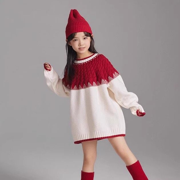 女童中长款毛衣裙冬装龙凤胎儿童加厚针织裙小女孩新年红色毛线衣
