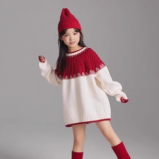 女童中长款毛衣裙冬装龙凤胎儿童加厚针织裙圣诞节新年红色毛线衣