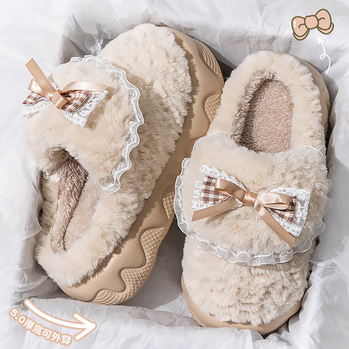 爱莉瑟可爱蝴蝶结棉拖鞋女秋冬