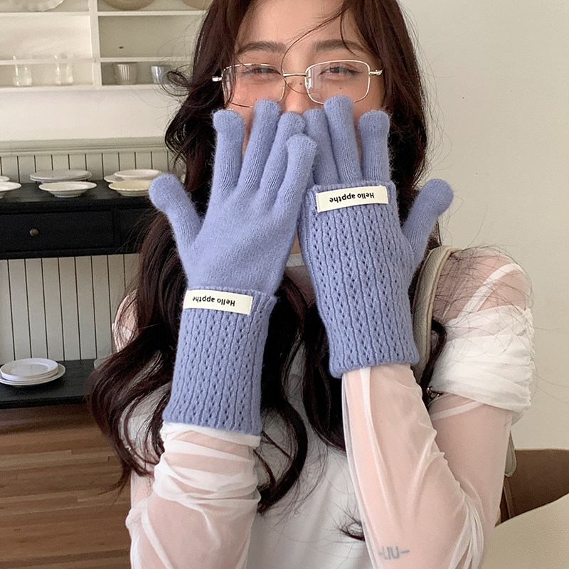手套女冬季韩版百搭2024新款纯色针织五指骑行保暖防风露指可触屏