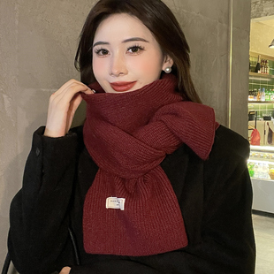 安可拉红纯色围巾女冬季氛围感酒红针织毛线韩系新年围脖高级感潮