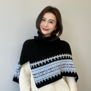 韩系百搭费尔岛针织披肩女冬季复古高领保暖围脖时尚叠穿外搭围巾