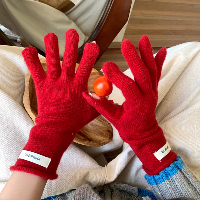 100%羊毛手套女款冬天保暖纯色骑车防寒高级感可触屏五指针织手套