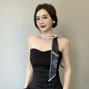 法式复古珍珠项链丝巾女百搭锁骨链丝带装饰发带领巾飘带配饰围巾
