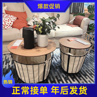 宜家IKEA新品安涅斯储物桌圆形茶几边桌松木褐色漆复古简约金属