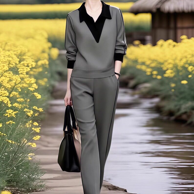 素雅订制女装原创品牌高级感假两件polo领卫衣阔腿裤休闲运动套装