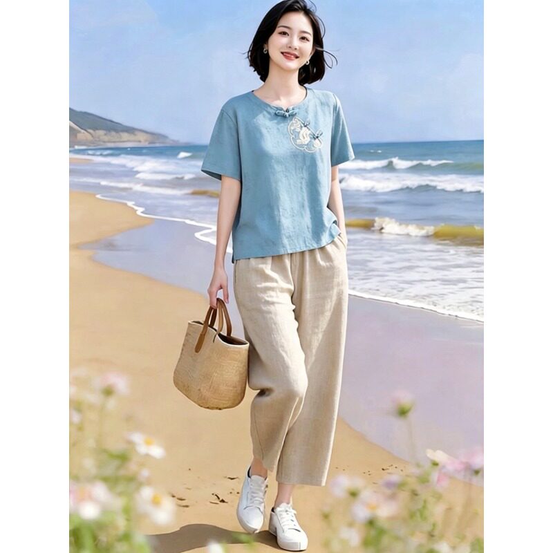 素雅订制女装原创品牌2026夏季新款棉混纺盘扣小衫松紧腰裤子套装