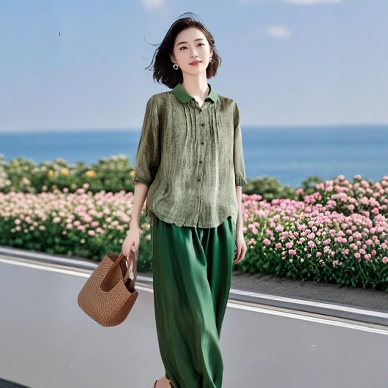 素雅订制轻奢女装套装2025新款文艺复古中袖衬衫哈伦裤两件套女