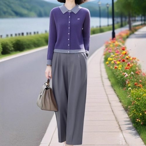 素雅订制女装原创品牌紫罗兰撞色翻领针织开衫松紧腰九分裤两件套