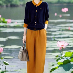 套装 安迪绒撞色翻领上衣松紧腰九分裤 原创品牌秋新款 素雅订制女装