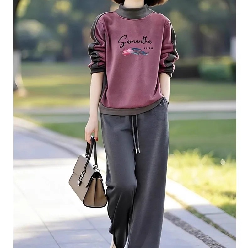 素雅订制女装原创品牌撞色半高领加厚卫衣加厚休闲直筒卫裤两件套