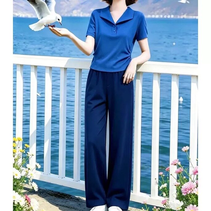素雅订制女装原创品牌夏装新款时尚翻领收腰T恤松紧腰直筒裤套装