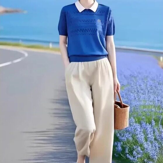 素雅订制女装原创品牌翻领短袖针织衫+松紧腰九分哈伦裤时尚套装