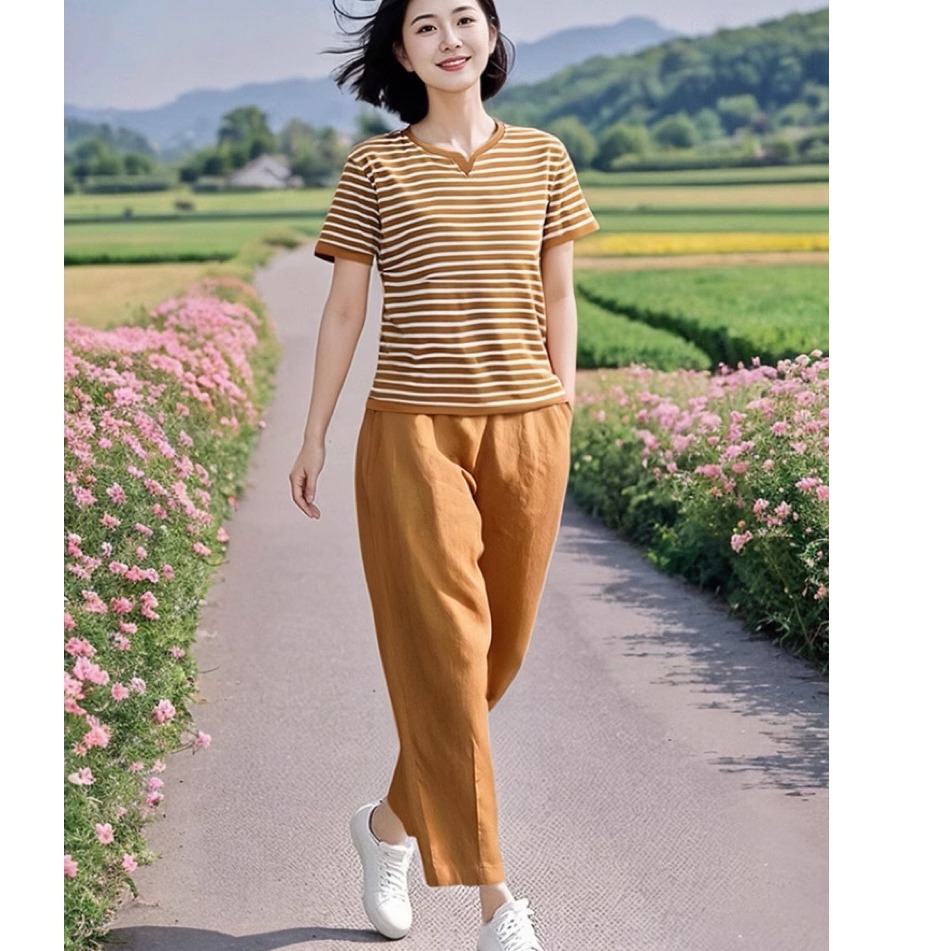 素雅订制女装原创品牌简约百搭休闲拼色条纹T恤松紧腰九分裤套装