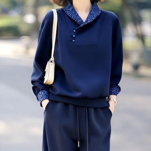 素雅订制女装原创品牌设计感撞色轻国风卫衣松紧腰系带休闲裤套装