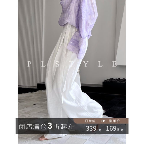 全亚麻立体褶裥宽松系带阔腿裤