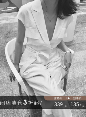 【清仓】Vintage 白色连体裤女显瘦宽松休闲裤