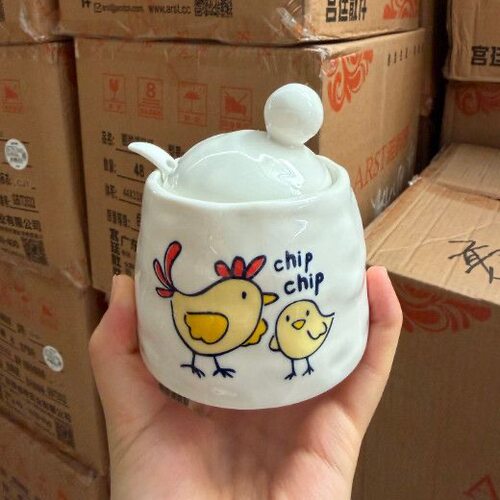雅诚德釉下彩调味缸咕咕鸡可爱图案卡通鸡高颜值精致易清洗带勺子