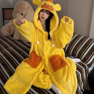 水豚噜噜珊瑚绒睡衣女学生冬季 可爱睡袍宿舍可外穿家居服 加厚长款